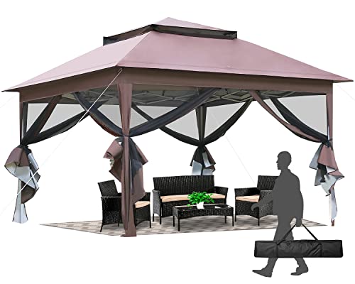 10'x10' Pop Up Gazebo Outdoor Canopy Gazebo Patio Canopy Gazebo with Mosquito Netting Double Roof Tops for Outdoor Garden Backyard and Patio,Brown