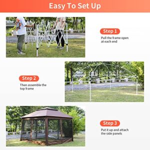 10'x10' Pop Up Gazebo Outdoor Canopy Gazebo Patio Canopy Gazebo with Mosquito Netting Double Roof Tops for Outdoor Garden Backyard and Patio,Brown