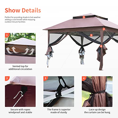 10'x10' Pop Up Gazebo Outdoor Canopy Gazebo Patio Canopy Gazebo with Mosquito Netting Double Roof Tops for Outdoor Garden Backyard and Patio,Brown