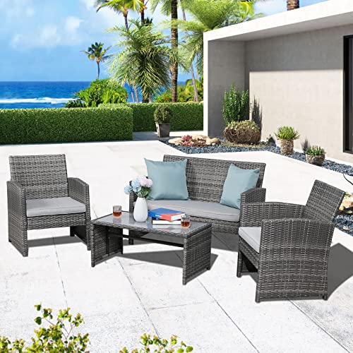 Patiorama 4 Pieces Outdoor Patio Furniture Sets Garden Rattan Chair Wicker Set, Poolside Lawn Chairs with Tempered Glass Coffee Table Porch Furniture (Light Grey)