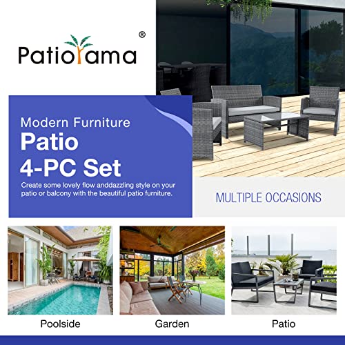 Patiorama 4 Pieces Outdoor Patio Furniture Sets Garden Rattan Chair Wicker Set, Poolside Lawn Chairs with Tempered Glass Coffee Table Porch Furniture (Light Grey)