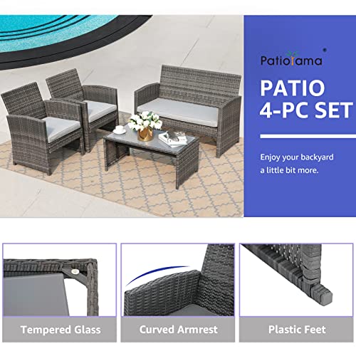 Patiorama 4 Pieces Outdoor Patio Furniture Sets Garden Rattan Chair Wicker Set, Poolside Lawn Chairs with Tempered Glass Coffee Table Porch Furniture (Light Grey)