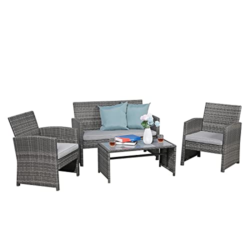 Patiorama 4 Pieces Outdoor Patio Furniture Sets Garden Rattan Chair Wicker Set, Poolside Lawn Chairs with Tempered Glass Coffee Table Porch Furniture (Light Grey)