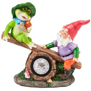 pearlstar garden gnomes statue, gnomes decorations for yard, gnomes and frog play on seesaw solar garden sculptures & statues with lights gnome decor for patio lawn porch garden decor gift