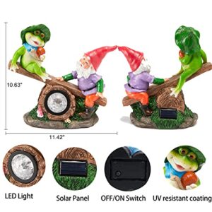 pearlstar Garden Gnomes Statue, Gnomes Decorations for Yard, Gnomes and Frog Play on Seesaw Solar Garden Sculptures & Statues with Lights Gnome Decor for Patio Lawn Porch Garden Decor Gift