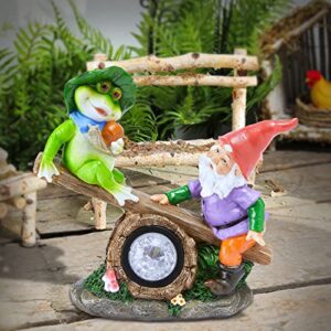 pearlstar Garden Gnomes Statue, Gnomes Decorations for Yard, Gnomes and Frog Play on Seesaw Solar Garden Sculptures & Statues with Lights Gnome Decor for Patio Lawn Porch Garden Decor Gift