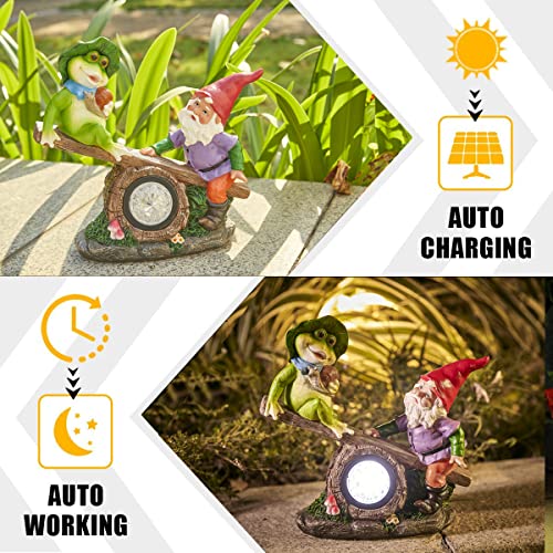 pearlstar Garden Gnomes Statue, Gnomes Decorations for Yard, Gnomes and Frog Play on Seesaw Solar Garden Sculptures & Statues with Lights Gnome Decor for Patio Lawn Porch Garden Decor Gift