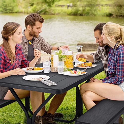 Haddockway Picnic Table Bench Set Patio Camping Table with All Weather Metal Base and Plastic Table Top Outdoor Dining Garden Deck Furniture for Adult Black