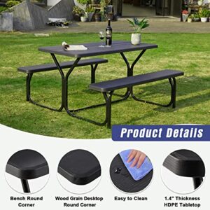 Haddockway Picnic Table Bench Set Patio Camping Table with All Weather Metal Base and Plastic Table Top Outdoor Dining Garden Deck Furniture for Adult Black