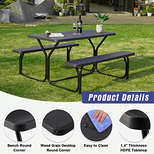 Haddockway Picnic Table Bench Set Patio Camping Table with All Weather Metal Base and Plastic Table Top Outdoor Dining Garden Deck Furniture for Adult Black