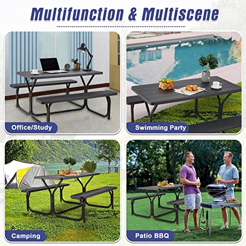 Haddockway Picnic Table Bench Set Patio Camping Table with All Weather Metal Base and Plastic Table Top Outdoor Dining Garden Deck Furniture for Adult Black