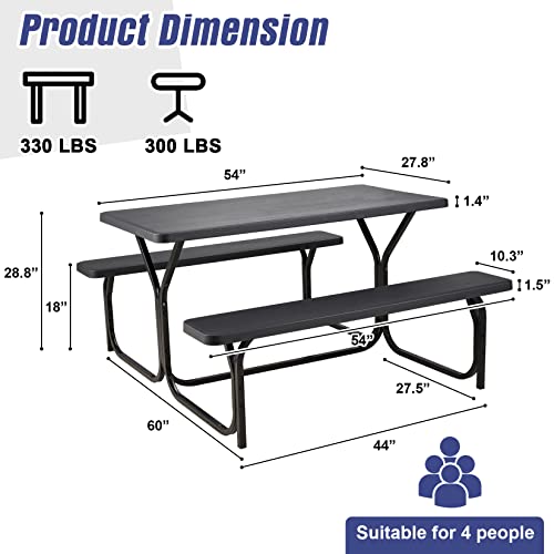 Haddockway Picnic Table Bench Set Patio Camping Table with All Weather Metal Base and Plastic Table Top Outdoor Dining Garden Deck Furniture for Adult Black