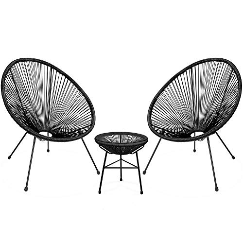 Barton 3 Pieces Acapulco Chair Set w/Glass Table Black Outdoor Patio Furniture Wicker Rattan Modern Conversation Chat Seating