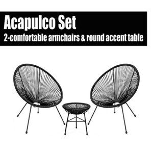 Barton 3 Pieces Acapulco Chair Set w/Glass Table Black Outdoor Patio Furniture Wicker Rattan Modern Conversation Chat Seating