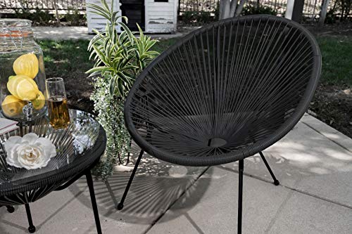 Barton 3 Pieces Acapulco Chair Set w/Glass Table Black Outdoor Patio Furniture Wicker Rattan Modern Conversation Chat Seating