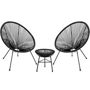 Barton 3 Pieces Acapulco Chair Set w/Glass Table Black Outdoor Patio Furniture Wicker Rattan Modern Conversation Chat Seating