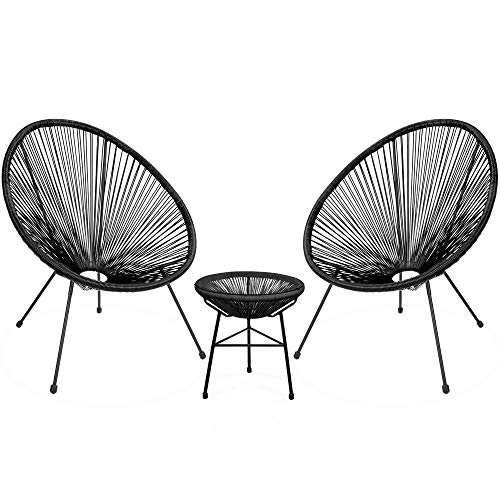 Barton 3 Pieces Acapulco Chair Set w/Glass Table Black Outdoor Patio Furniture Wicker Rattan Modern Conversation Chat Seating