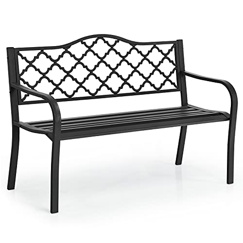 Tangkula Outdoor Steel Garden Bench, Patio Park Bench w/Iron Casted Seat, Armrest & Backrest, Outdoor Welcome Bench Chair Furniture Suitable for Garden Patio Yard