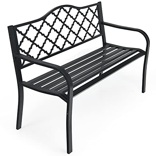 Tangkula Outdoor Steel Garden Bench, Patio Park Bench w/Iron Casted Seat, Armrest & Backrest, Outdoor Welcome Bench Chair Furniture Suitable for Garden Patio Yard