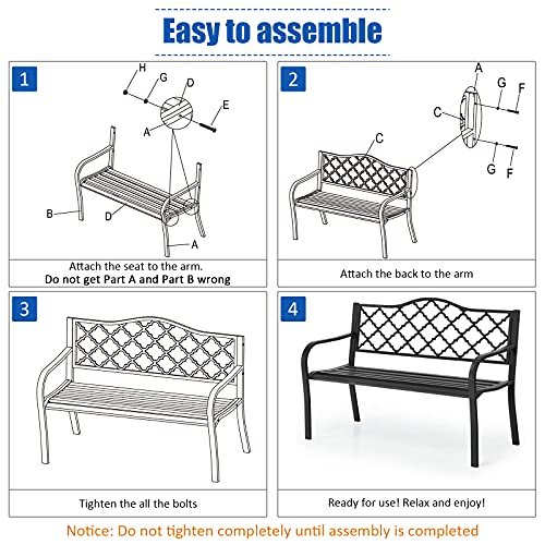 Tangkula Outdoor Steel Garden Bench, Patio Park Bench w/Iron Casted Seat, Armrest & Backrest, Outdoor Welcome Bench Chair Furniture Suitable for Garden Patio Yard