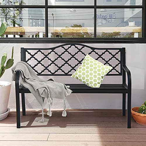 Tangkula Outdoor Steel Garden Bench, Patio Park Bench w/Iron Casted Seat, Armrest & Backrest, Outdoor Welcome Bench Chair Furniture Suitable for Garden Patio Yard