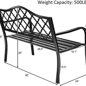 Tangkula Outdoor Steel Garden Bench, Patio Park Bench w/Iron Casted Seat, Armrest & Backrest, Outdoor Welcome Bench Chair Furniture Suitable for Garden Patio Yard