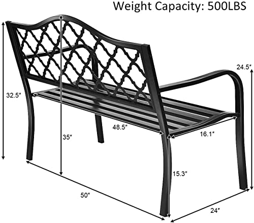 Tangkula Outdoor Steel Garden Bench, Patio Park Bench w/Iron Casted Seat, Armrest & Backrest, Outdoor Welcome Bench Chair Furniture Suitable for Garden Patio Yard