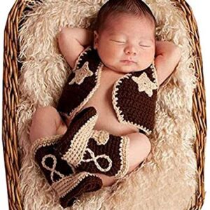 Pinbo Newborn Baby Photography Prop Crochet Knitted Cowboy Vest Shoes Coffee