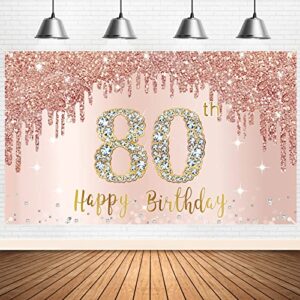 happy 80th birthday banner backdrop decorations for women, rose gold 80 birthday party sign supplies, pink 80 year old birthday poster background photo booth props decor