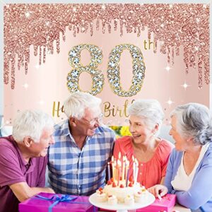 Happy 80th Birthday Banner Backdrop Decorations for Women, Rose Gold 80 Birthday Party Sign Supplies, Pink 80 Year Old Birthday Poster Background Photo Booth Props Decor