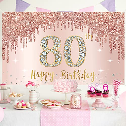 Happy 80th Birthday Banner Backdrop Decorations for Women, Rose Gold 80 Birthday Party Sign Supplies, Pink 80 Year Old Birthday Poster Background Photo Booth Props Decor