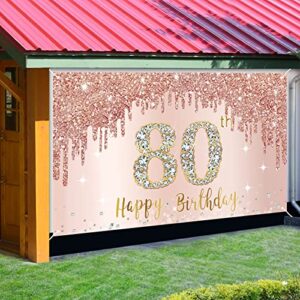 Happy 80th Birthday Banner Backdrop Decorations for Women, Rose Gold 80 Birthday Party Sign Supplies, Pink 80 Year Old Birthday Poster Background Photo Booth Props Decor