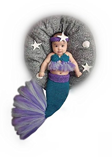 M&G House Newborn Photography Prop Outfits Girl Mermaid Tail Baby Photo Props Mermaid Outfit Crochet Knitted Mermaid Costume Baby Photoshoot Props Halloween Costume Photography Props(Purple&Royalblue)