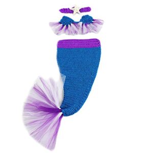 M&G House Newborn Photography Prop Outfits Girl Mermaid Tail Baby Photo Props Mermaid Outfit Crochet Knitted Mermaid Costume Baby Photoshoot Props Halloween Costume Photography Props(Purple&Royalblue)