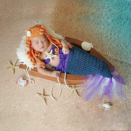 M&G House Newborn Photography Prop Outfits Girl Mermaid Tail Baby Photo Props Mermaid Outfit Crochet Knitted Mermaid Costume Baby Photoshoot Props Halloween Costume Photography Props(Purple&Royalblue)