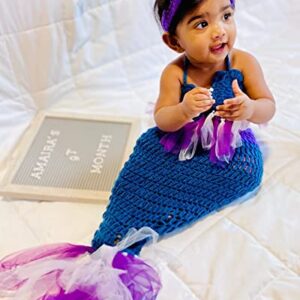 M&G House Newborn Photography Prop Outfits Girl Mermaid Tail Baby Photo Props Mermaid Outfit Crochet Knitted Mermaid Costume Baby Photoshoot Props Halloween Costume Photography Props(Purple&Royalblue)