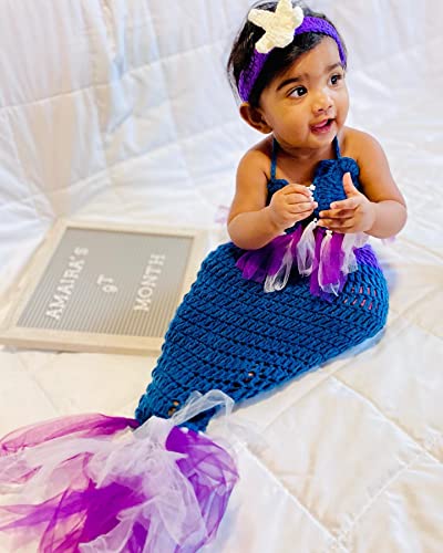 M&G House Newborn Photography Prop Outfits Girl Mermaid Tail Baby Photo Props Mermaid Outfit Crochet Knitted Mermaid Costume Baby Photoshoot Props Halloween Costume Photography Props(Purple&Royalblue)