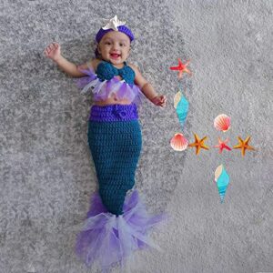 M&G House Newborn Photography Prop Outfits Girl Mermaid Tail Baby Photo Props Mermaid Outfit Crochet Knitted Mermaid Costume Baby Photoshoot Props Halloween Costume Photography Props(Purple&Royalblue)