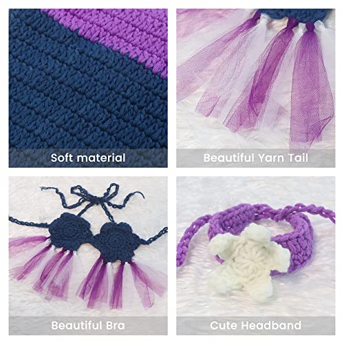 M&G House Newborn Photography Prop Outfits Girl Mermaid Tail Baby Photo Props Mermaid Outfit Crochet Knitted Mermaid Costume Baby Photoshoot Props Halloween Costume Photography Props(Purple&Royalblue)