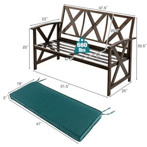 Giantex 51.5” Outdoor Garden Bench - Patio Chair with Heavy-Duty Wood Grain Coated Steel Frame, Detachable Sponge-Padded Cushion, Pattern Backrest & Armrests Double Seat, Metal Benches for Outdoors