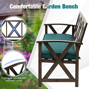 Giantex 51.5” Outdoor Garden Bench - Patio Chair with Heavy-Duty Wood Grain Coated Steel Frame, Detachable Sponge-Padded Cushion, Pattern Backrest & Armrests Double Seat, Metal Benches for Outdoors