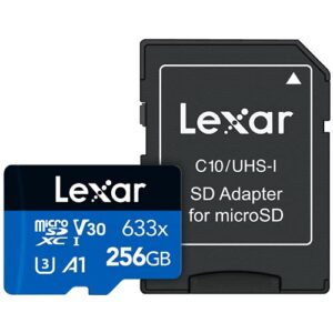 lexar high-performance 633x 256gb microsdxc uhs-i card with sd adapter, c10, u3, v30, a1, full-hd & 4k video, up to 100mb/s read, for smartphones, tablets, and action cameras (lsdmi256bbnl633a)