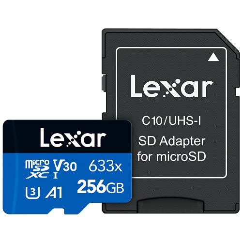 Lexar High-Performance 633x 256GB microSDXC UHS-I Card with SD Adapter, C10, U3, V30, A1, Full-HD & 4K Video, Up To 100MB/s Read, for Smartphones, Tablets, and Action Cameras (LSDMI256BBNL633A)