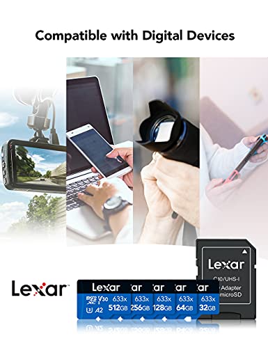 Lexar High-Performance 633x 256GB microSDXC UHS-I Card with SD Adapter, C10, U3, V30, A1, Full-HD & 4K Video, Up To 100MB/s Read, for Smartphones, Tablets, and Action Cameras (LSDMI256BBNL633A)