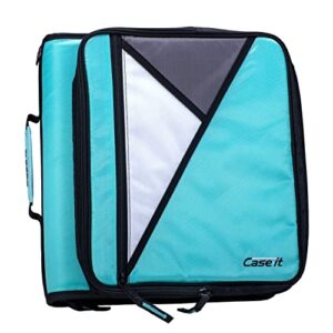 case-it the universal zipper binder – 2 inch o-rings – padded pocket that holds up to 13 inch laptop/tablet – multiple pockets – 400 page capacity – comes with shoulder strap – mint blue lt-007