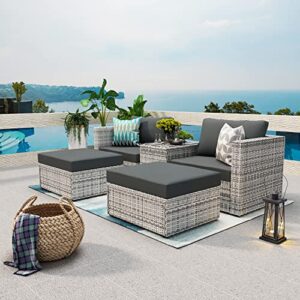 chinnluu 5 pieces patio furniture set outdoor wicker patio sofa washable all-weathe sectional conversation set with cushion and glass table (grey)
