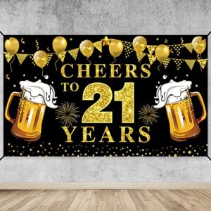 happy 21st birthday banner decorations, black gold cheers to 21 years backdrop party supplies, 21st anniversary photo booth poster sign decor (72.8 x 43.3 inch)