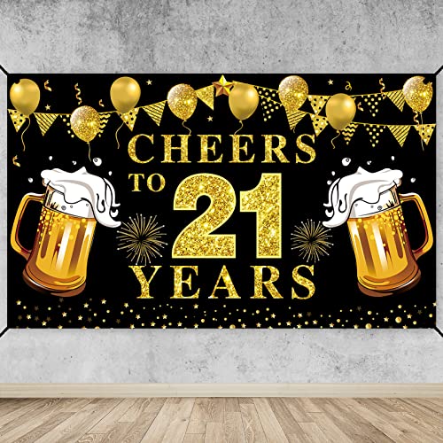 Happy 21st Birthday Banner Decorations, Black Gold Cheers to 21 years Backdrop Party Supplies, 21st Anniversary Photo Booth Poster Sign Decor (72.8 x 43.3 Inch)
