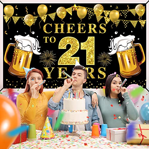 Happy 21st Birthday Banner Decorations, Black Gold Cheers to 21 years Backdrop Party Supplies, 21st Anniversary Photo Booth Poster Sign Decor (72.8 x 43.3 Inch)