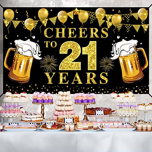 Happy 21st Birthday Banner Decorations, Black Gold Cheers to 21 years Backdrop Party Supplies, 21st Anniversary Photo Booth Poster Sign Decor (72.8 x 43.3 Inch)